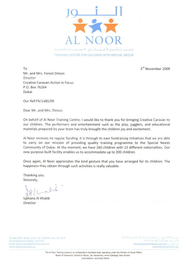 Appreciation letter from Al Noor Creative Caravan (Nov 2009)
